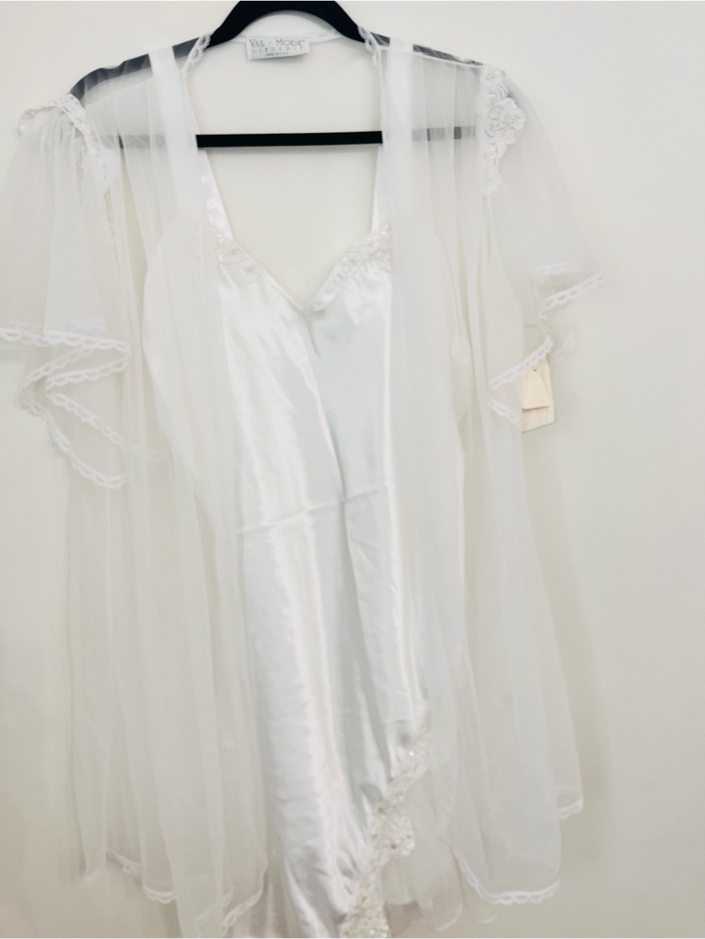 Vintage Bridal White Sheer Satin Nightgown & Robe Set by Val Mode Lingerie- Med